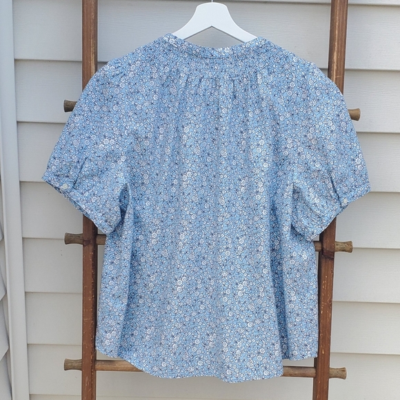 J.Crew Factory Linen-Blend Puffy-Sleeve Button-Down Blue Floral Blouse Size XL - Picture 3 of 7